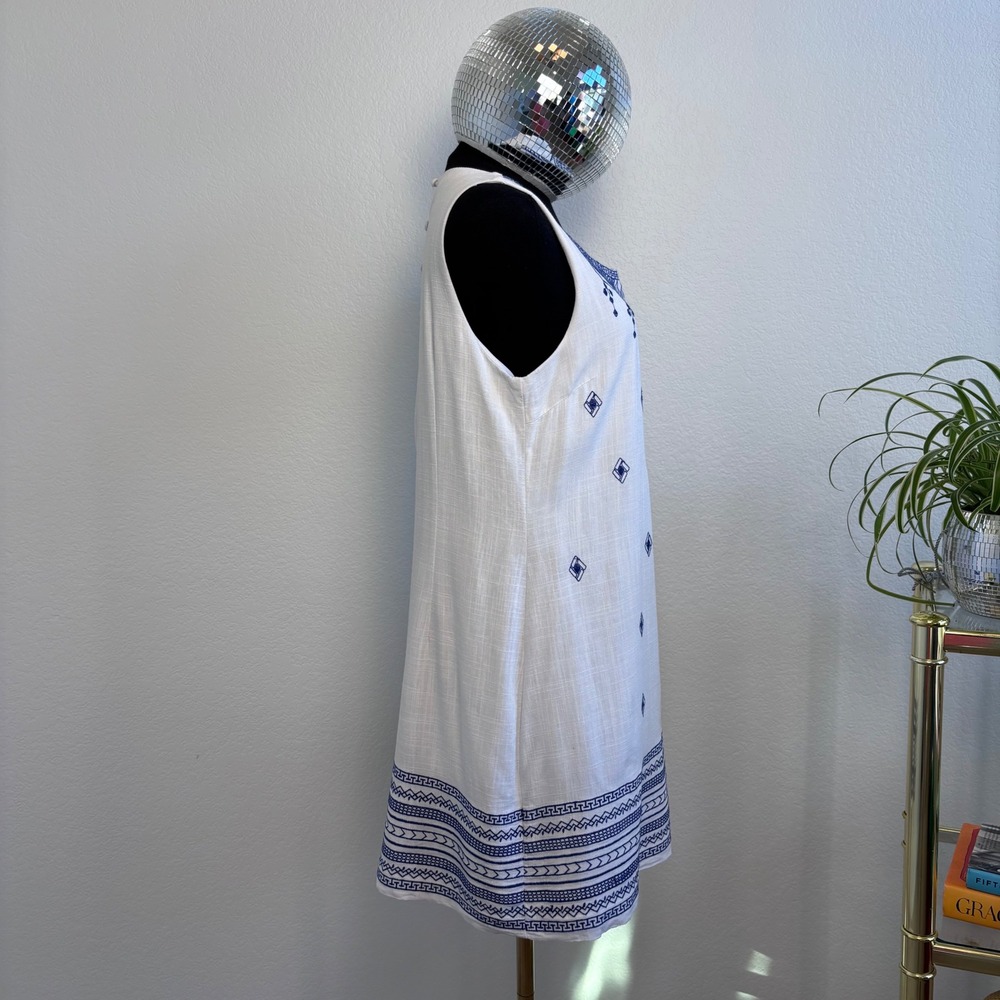 Soieblu Grecian Embroidered Cotton Linen Shift Mini Dress Size Small White Blue - Picture 14 of 15